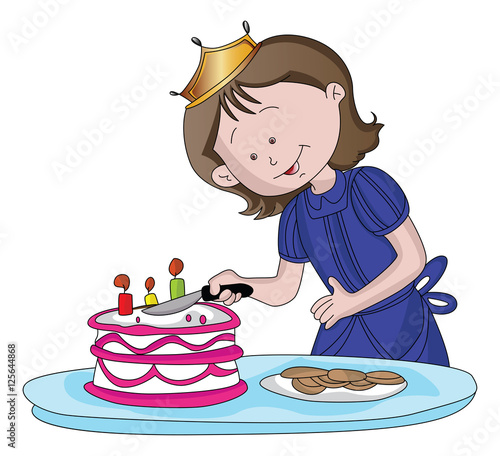 Vector of cute girl cutting cake.