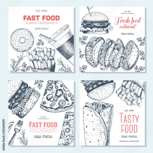 Fast food square banner set. Pizza, hamburger and french fries collection. Vector illustration, linear graphic drawn. Fast food menu design.