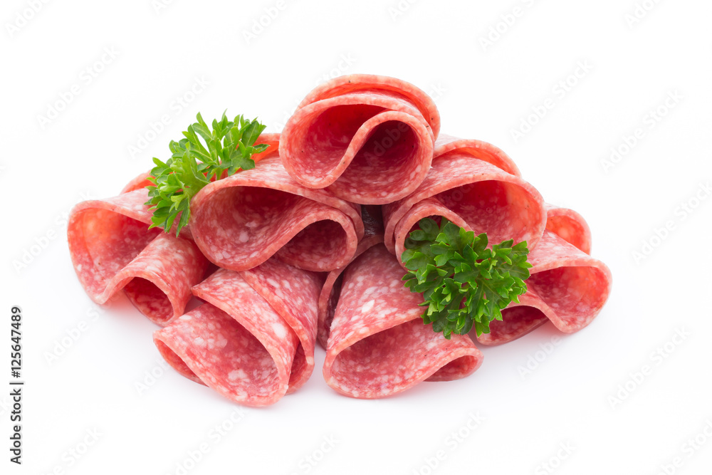 Salami sausage slices isolated on white background. Salami sausage slices isolated on white background.