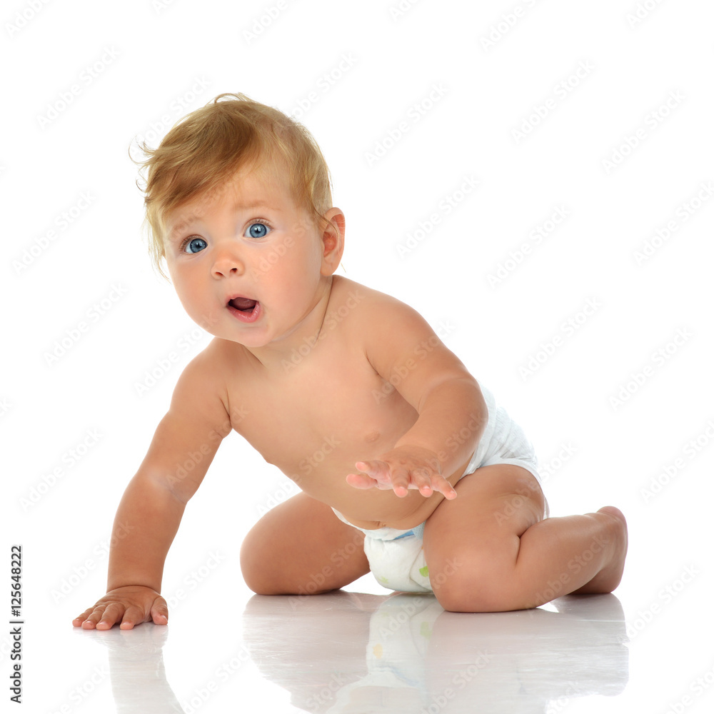 Infant child baby girl in diaper crawling happy yelling screamin Infant child baby girl in diaper crawling happy yelling screamin
