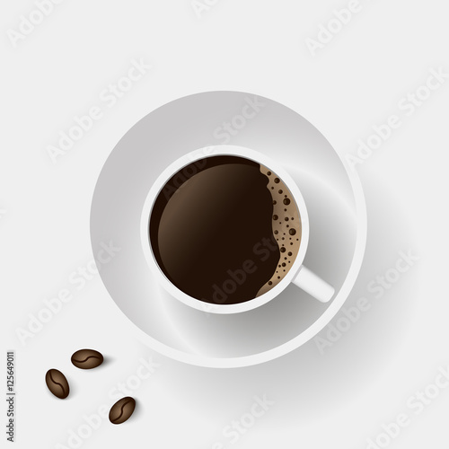Realistic top view of coffee cup and coffee beans on white background