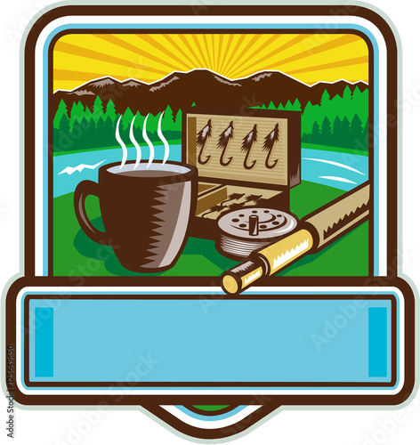 Mug Fly Tackle Bait Box Rod Reel Crest Woodcut