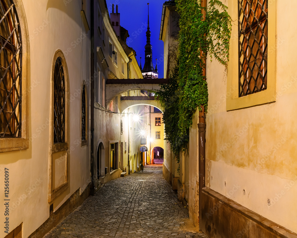 Narrow street  in Olomouc, in the evening, Czech Republic