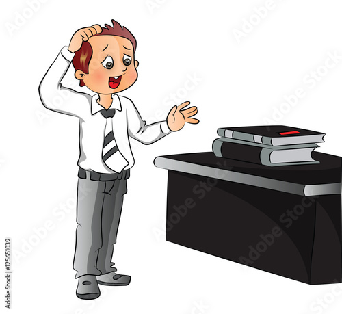 Vector of businessman scratching head while looking at files on