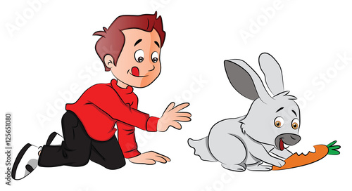 Vector of boy hungrily looking at rabbit eating a carrot.