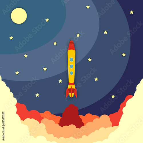 Space rocket launch. Vector illustration with flying rocket. Space travel. Project development. Creative idea,
