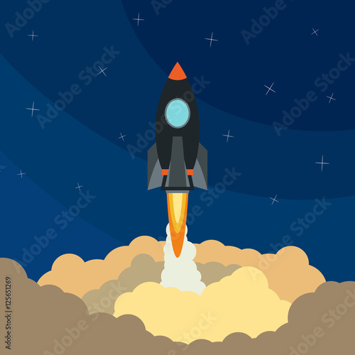 Space rocket launch. Vector illustration with flying rocket. Space travel. Project development. Creative idea,
