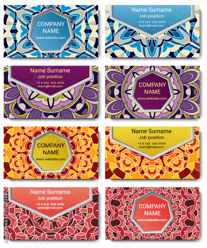 Set of vector visiting card with mandala. Geometric mandala pattern and ornaments. Front page and back page.
