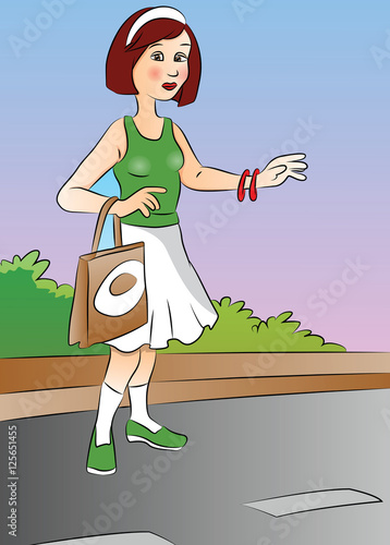 Vector of a woman hitchhiking at roadside.