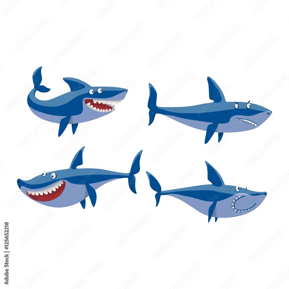 Naklejka premium Vector shark character set.