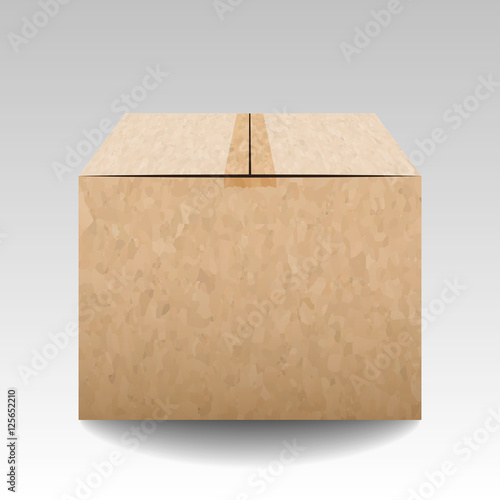 Brown textured closed carton delivery packaging box isolated on grey background. Vector illustration