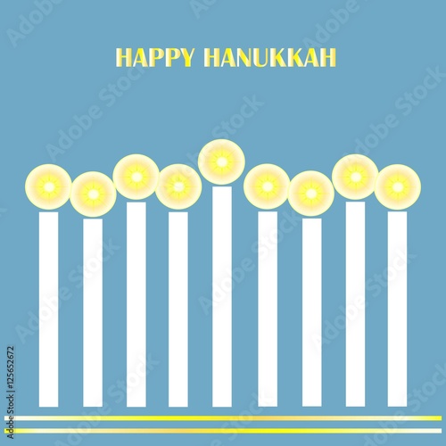 Congratulation card Happy  Hanukkah. White glowing candles, yellow tipping on blue background, vector illustration