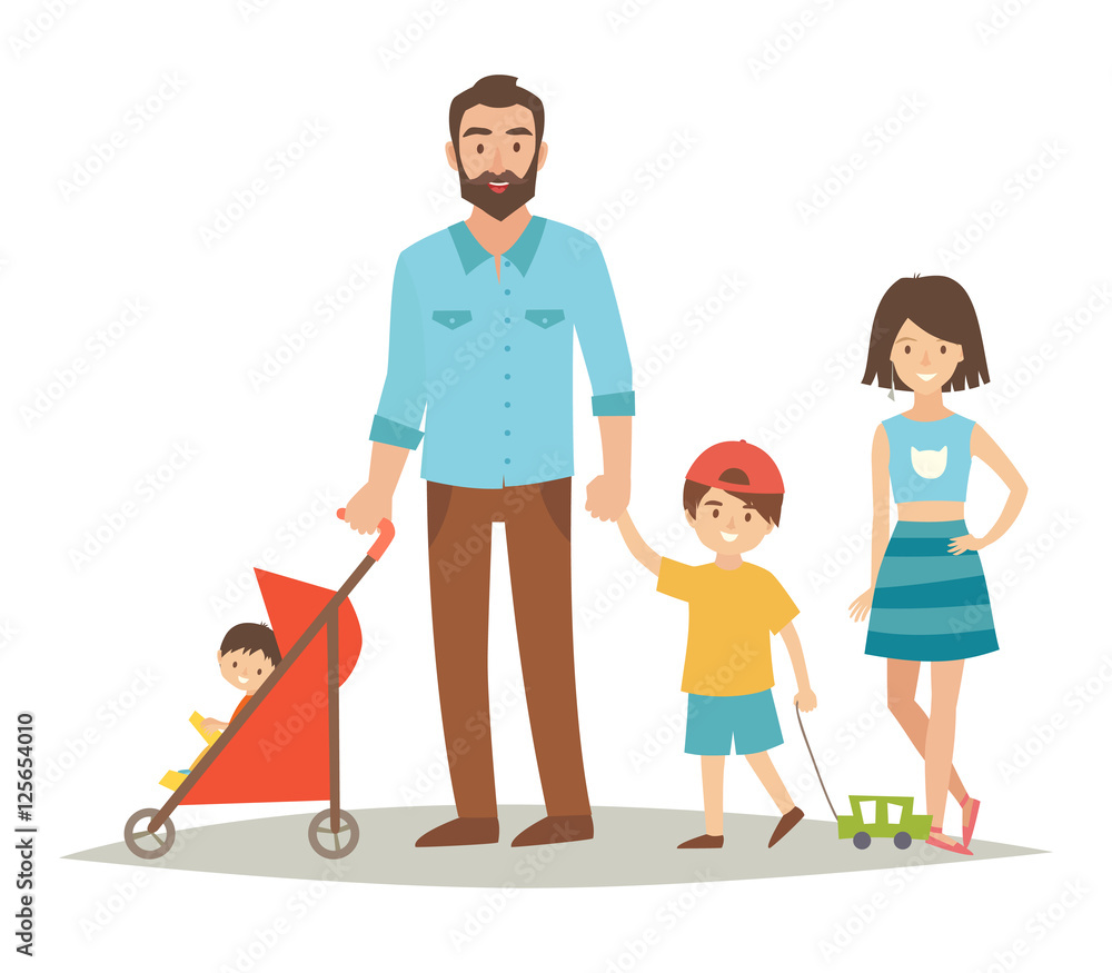 Single father with three young children. Happy family young group: sister, brother, baby in stroller and father. Cartoon character people. Flat style vector illustration isolated on white background Single father with three young children. Happy family young group: sister, brother, baby in stroller and father. Cartoon character people. Flat style vector illustration isolated on white background