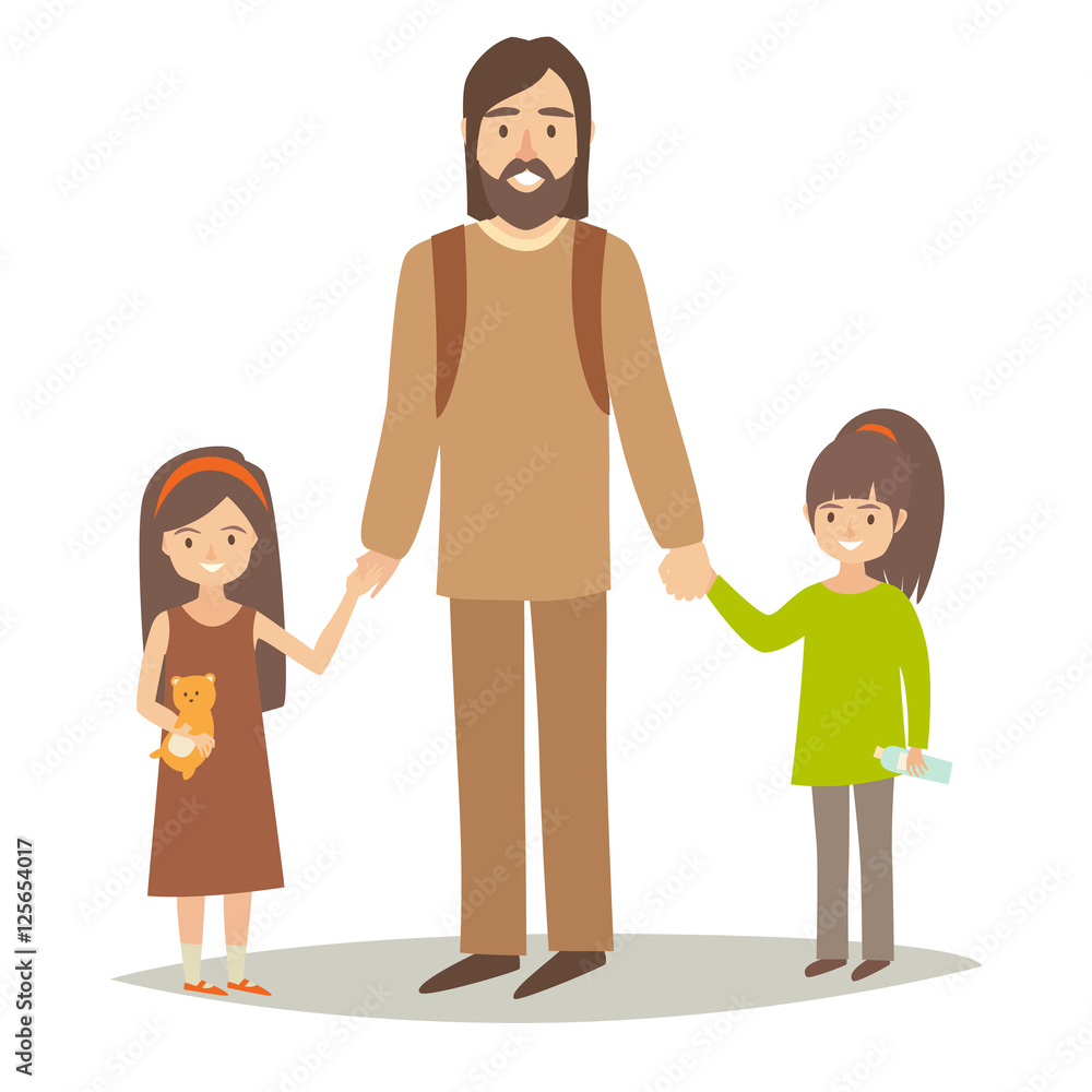 Single father with two young daughter. Little sisters and father. Cartoon character people. Flat style vector illustration isolated on white background Single father with two young daughter. Little sisters and father. Cartoon character people. Flat style vector illustration isolated on white background