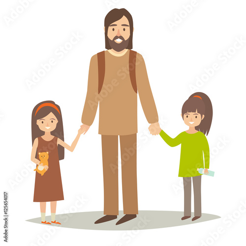 Single father with two young daughter. Little sisters and father. Cartoon character people. Flat style vector illustration isolated on white background