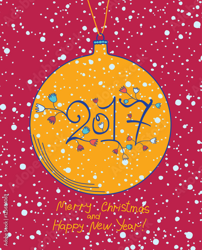Yellow Christmas ball 2017. Cute card for the New Year. 