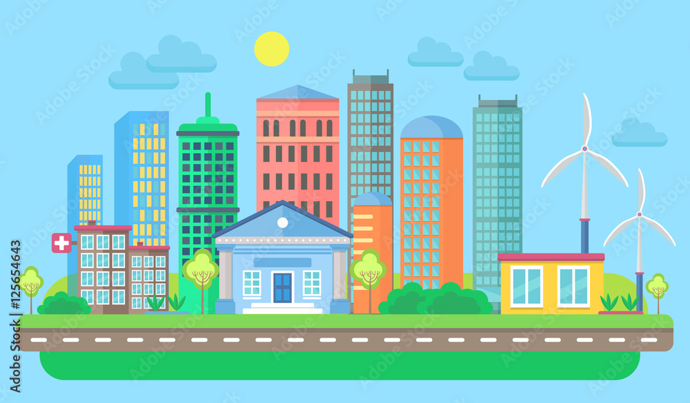 Urban and village landscape with buildings and skyscrapers. Cityscape vector illustration.