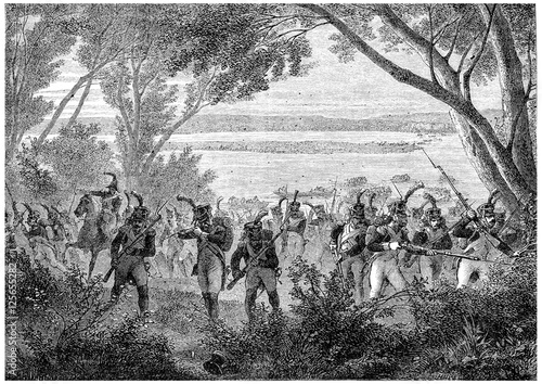 Photography Attack and capture of the island of Lobau, vintage engraving.