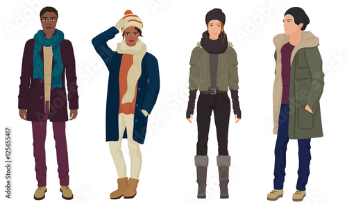 Handsome young guys with beautiful girls models in winter warm casual modern fashion clothes isolated. Black and white People couples.