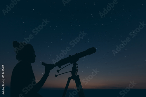 Woman with astronomical telescope. Starry night  Constellations, Ursa major, Leo minor, Leo, Draco Botes, Canes Venatici, Coma Berenices