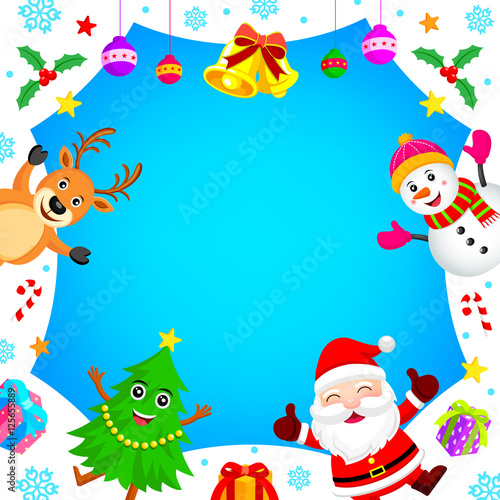 Christmas Characters Frame, Santa Claus, Snowman, Tree, Reindeer. With Xmas elements design, illustration.
