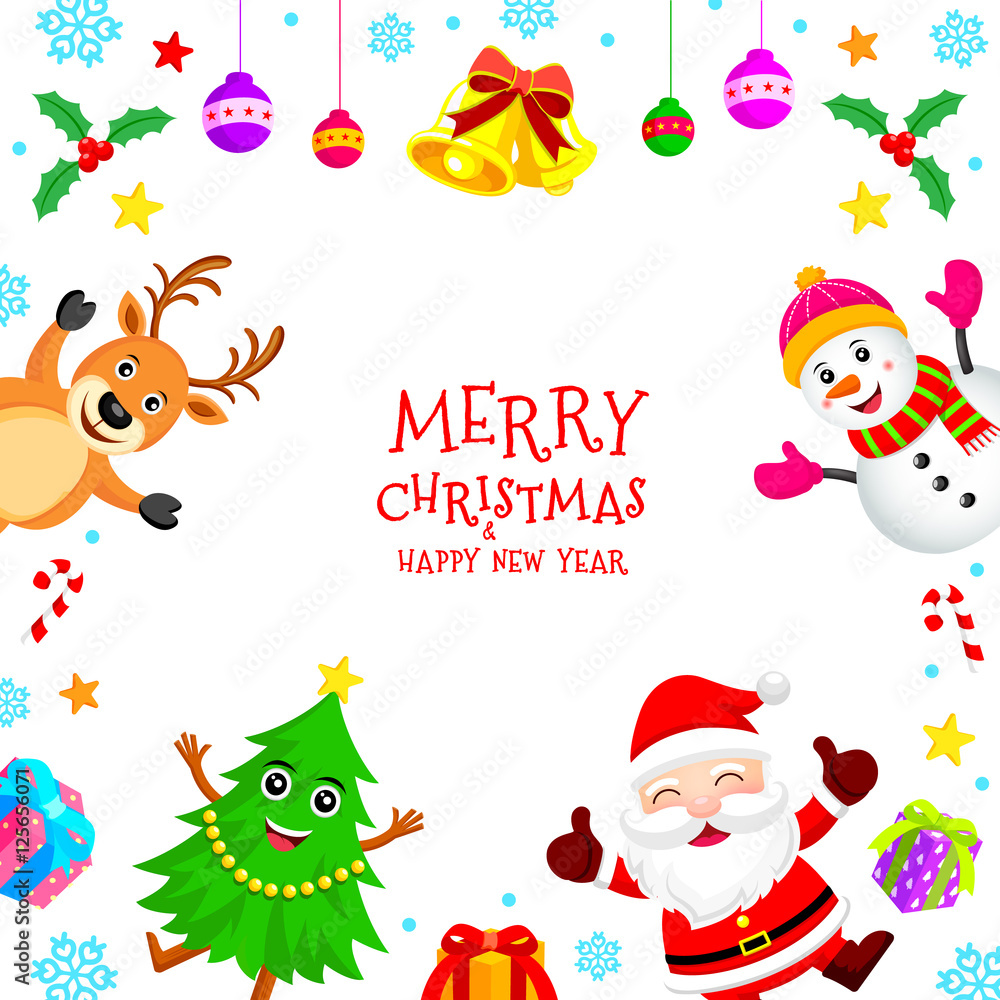 Christmas Characters Frame, Santa Claus, Snowman, Tree, Reindeer. With Merry Christmas and Happy new year text. Xmas elements design, illustration. Isolated on white background. Christmas Characters Frame, Santa Claus, Snowman, Tree, Reindeer. With Merry Christmas and Happy new year text. Xmas elements design, illustration. Isolated on white background.