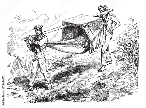 The hammock, vintage engraving.