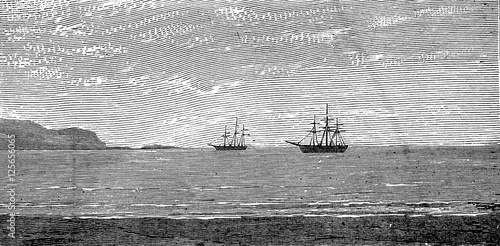 The harbor of Panama, vintage engraving.
