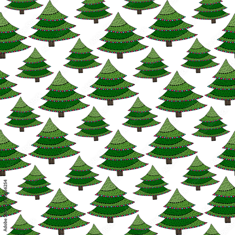 Christmas seamless pattern. Green vector wrapping texture with New Year tree. Bright background for holiday decoration