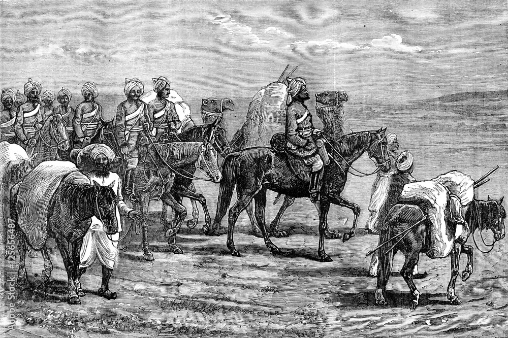 Fototapeta Afganistan. Jeźdźcy z indyjskiego kontyngentu, vintage grawerowanie.