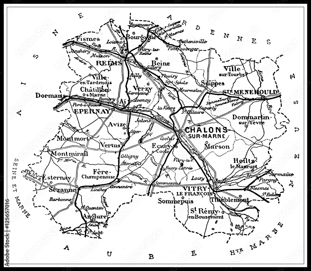 Map of the department of La Marne, vintage engraving. Stock ...