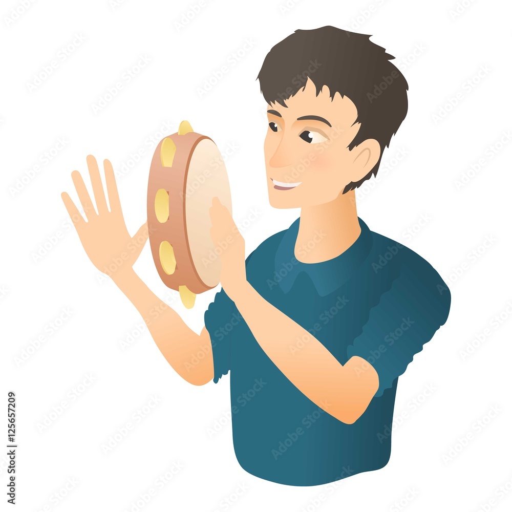 Man plays on tambourine icon. Flat illustration of man plays on tambourine vector icon for web