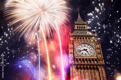 Big Ben with fireworks. New Year's Eve