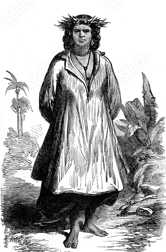 Εκτύπωση καμβά Tahiti. Type of woman, vintage engraving.