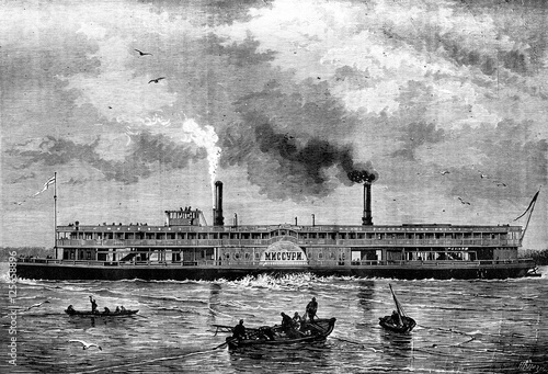 Fotografie Floating houses. The Steamship Russian MNCCYPN, vintage engravin