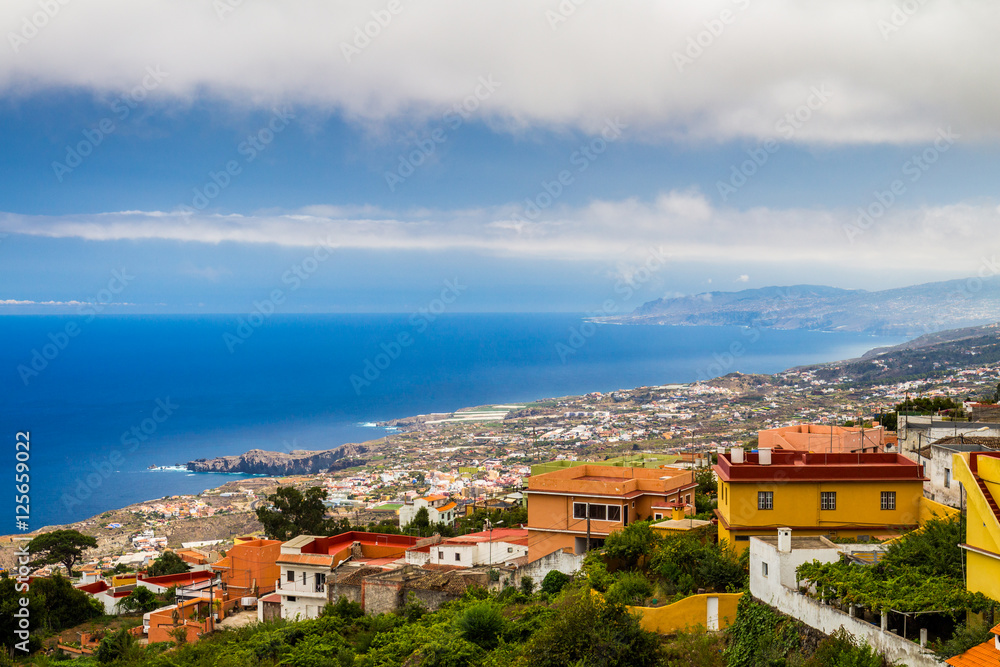 Aerial view of Roque de Garachico and Garachico town, Tenerife, Canary Islands, Spain