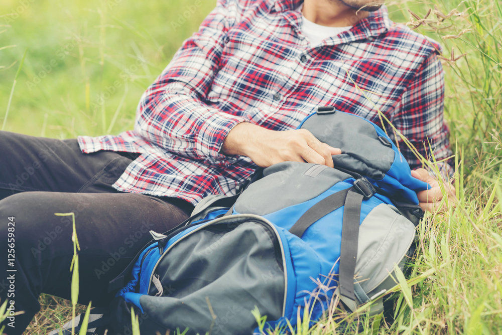 Fototapeta premium Young traveler man with backpack.
