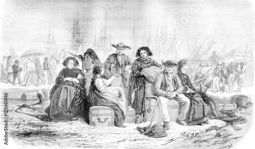 Painting Salon 1861, Migrants, by Th. Schuler, vintage engraving photo