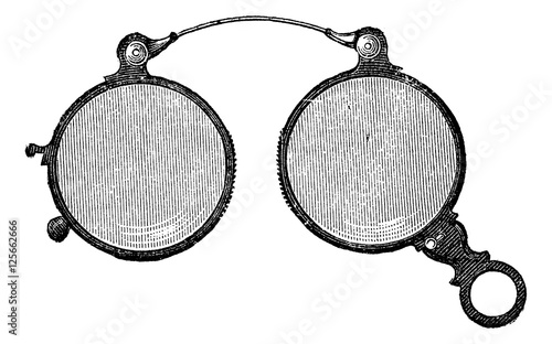 Nose clips has round glasses, vintage engraving.
