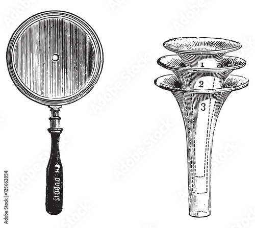 Fig. 994. Concave mirror for otoscopic examination, Fig. 995. Set of three speculums to practice otoscopy, vintage engraving. photo
