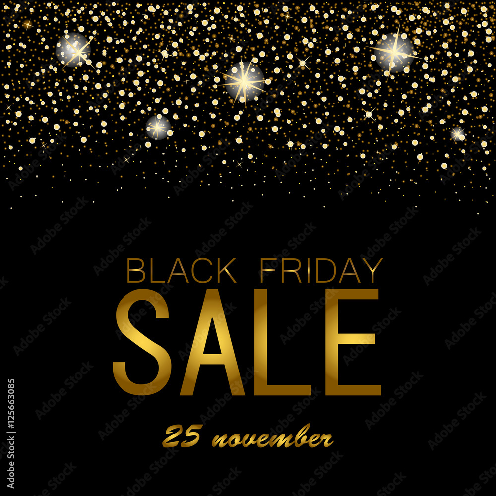 eps 10 vector Black friday night sell-out poster. Sale and discount advertising banner for web, print. Luxury stylish golden glitter, shiny falling stars