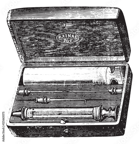 Syringe Pravaz, a hypodermic injections, vintage engraving.