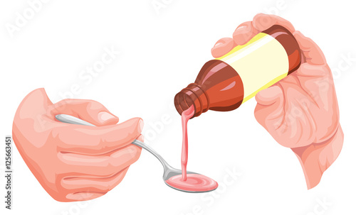 Vector of human hand pouring syrup on spoon.