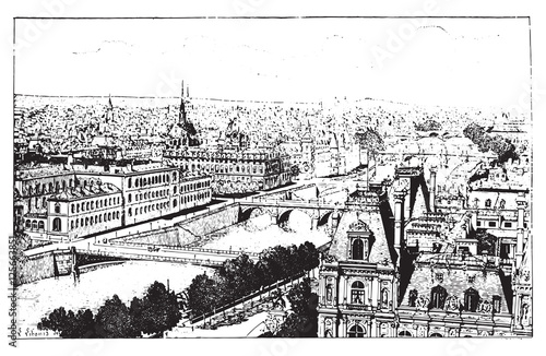 Bridges of Paris, vintage engraving.