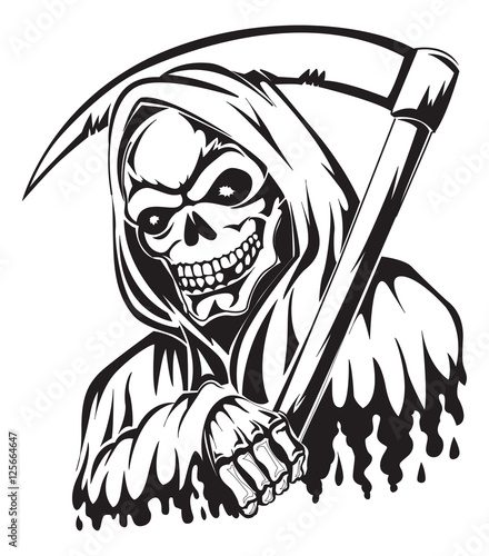 Tattoo of a grim reaper holding a scythe, vintage engraving.