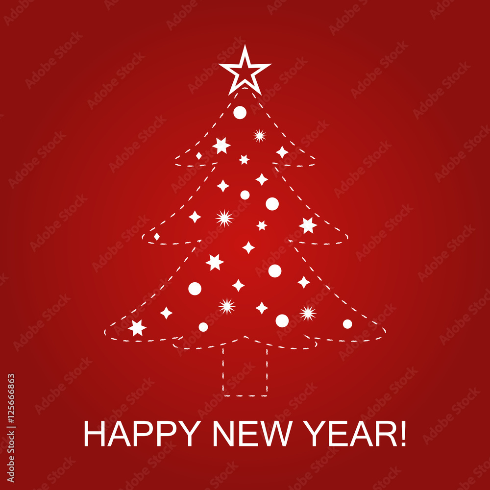 Naklejka premium Vector illustration of a christmas tree on a red background with text Happy new year!