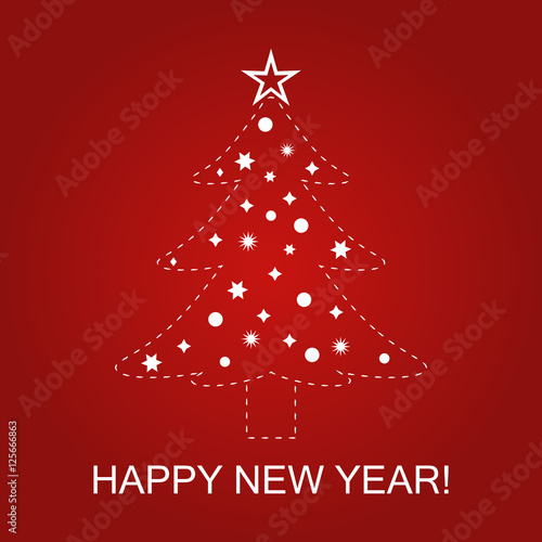 Vector illustration of a christmas tree on a red background with text Happy new year!