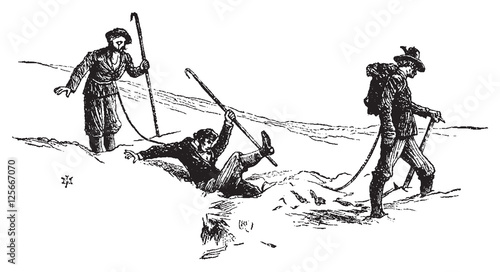 A fall in the glaciers, vintage engraving.