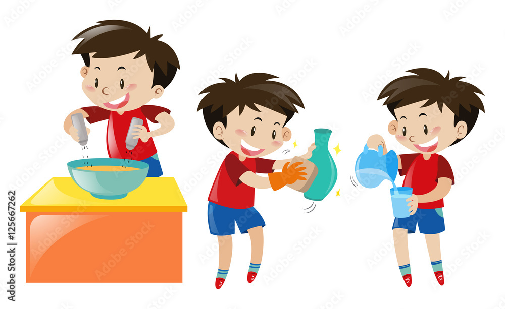 Boy cooking and cleaning Boy cooking and cleaning