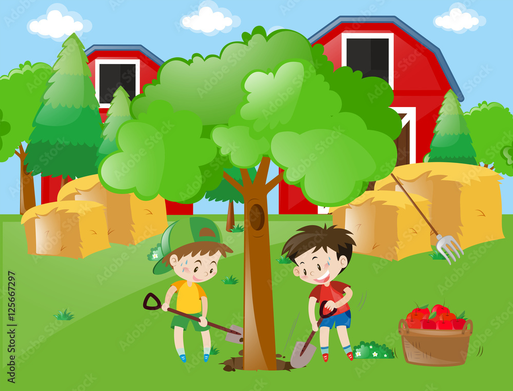 Two boys planting big tree in garden Two boys planting big tree in garden